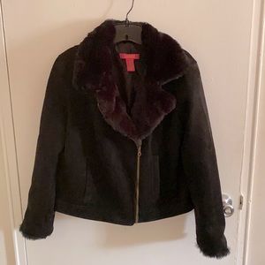 Catherine Malandrino Black Faux Suede Fur Trimmed Biker Jacket sz Large